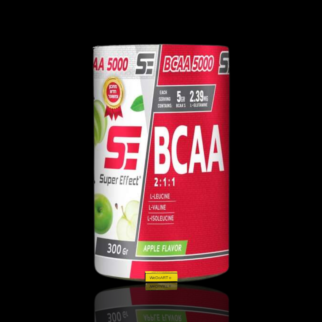 Super Effect BCAA apple powder 300 g tub with red and white label and WEDOART-IL reflection
