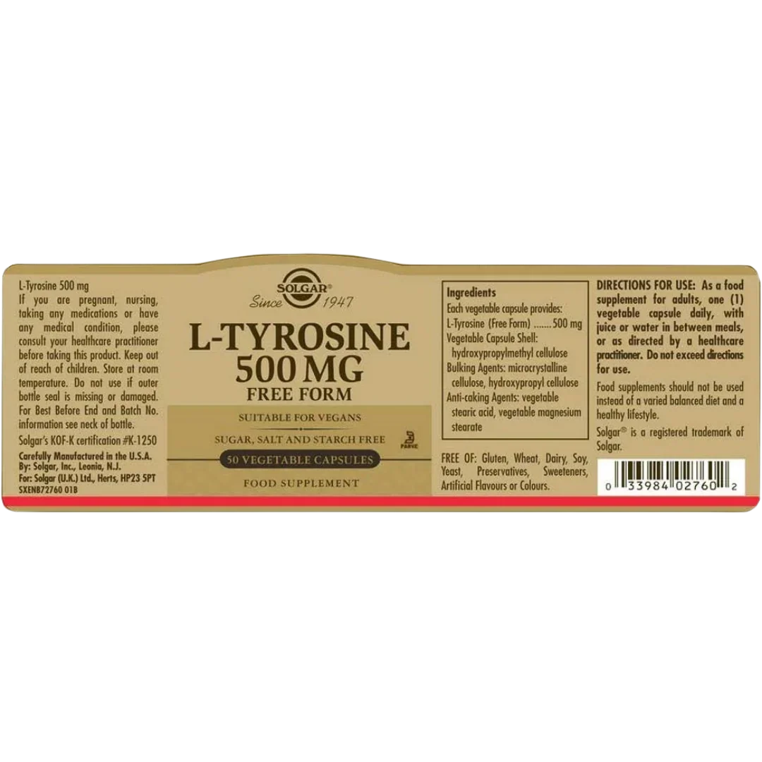 Solgar L-Tyrosine 500mg for Focus, Energy and Stress Support, 50 Herbal Capsules