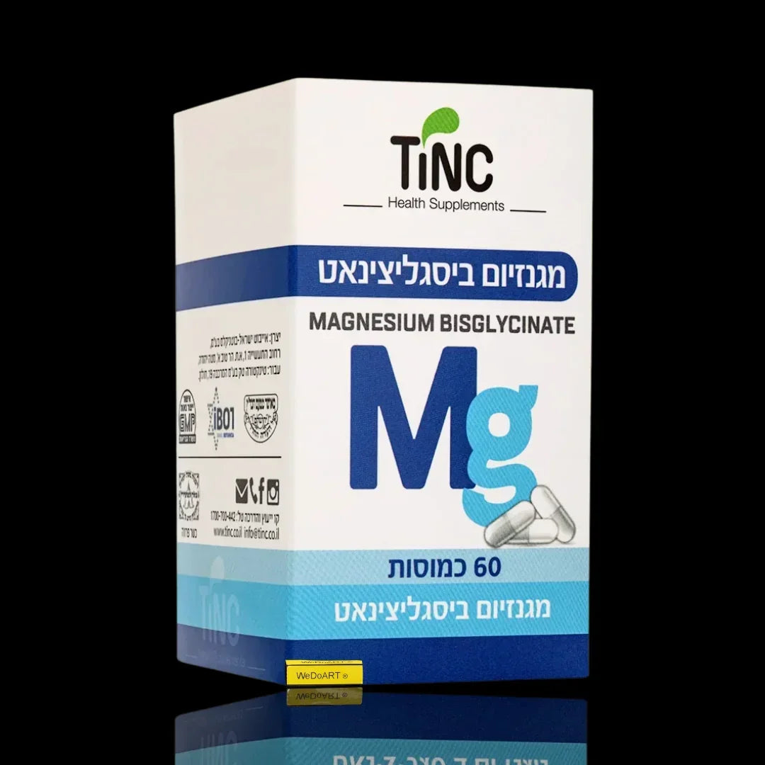 Magnesium Bisglycinate supplement box with 60 capsules, labeled TiNC Health Supplements