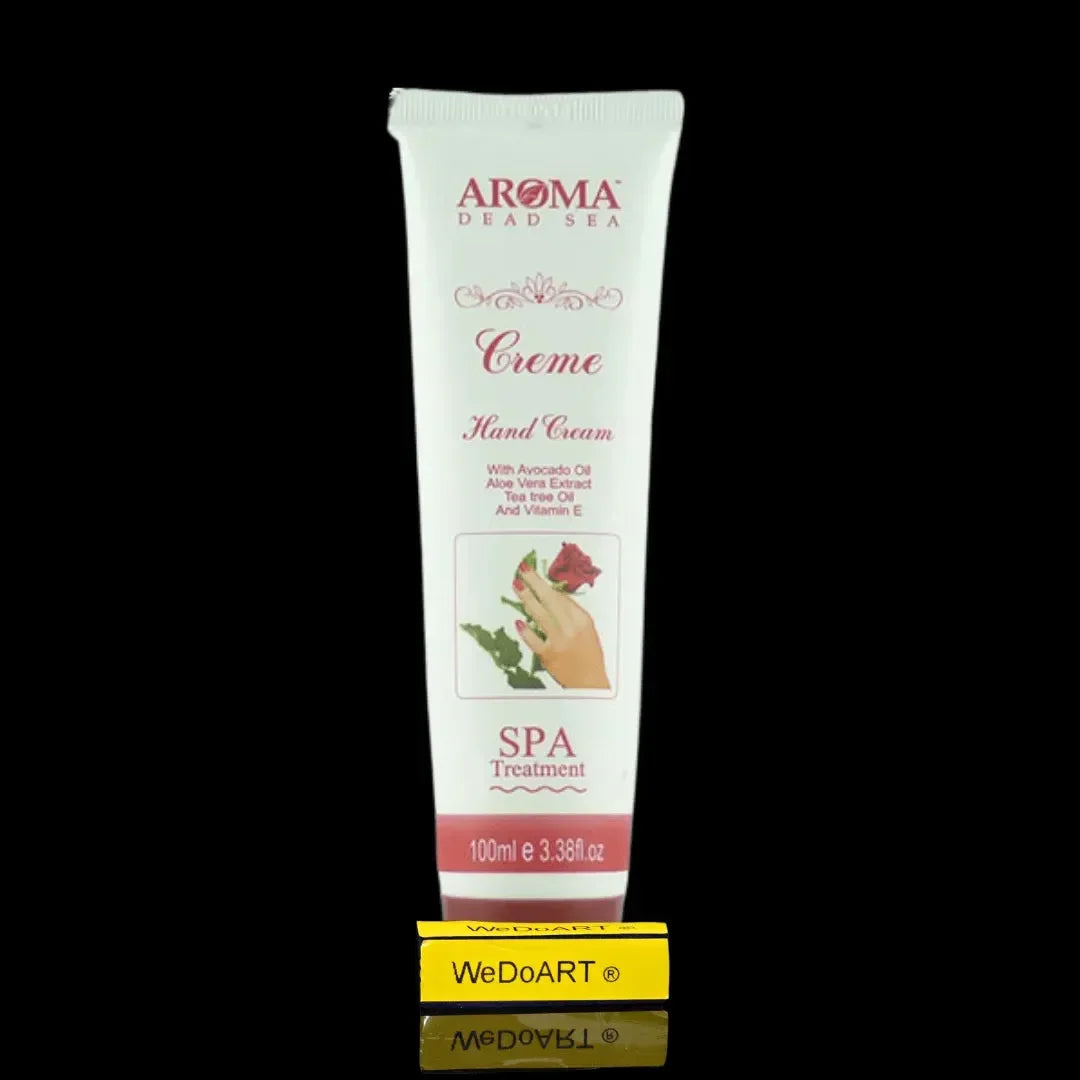 Aroma Dead Sea hand cream, white tube with a rose illustration on a black background with a yellow WEDOART badge