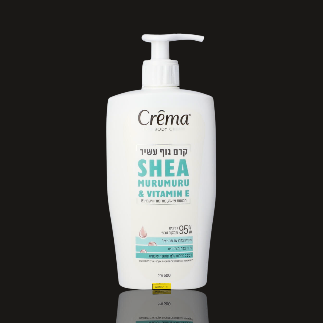 Crema Rich Body Cream with shea butter, murumuru and vitamin E in a white 500 ml pump bottle on a black background