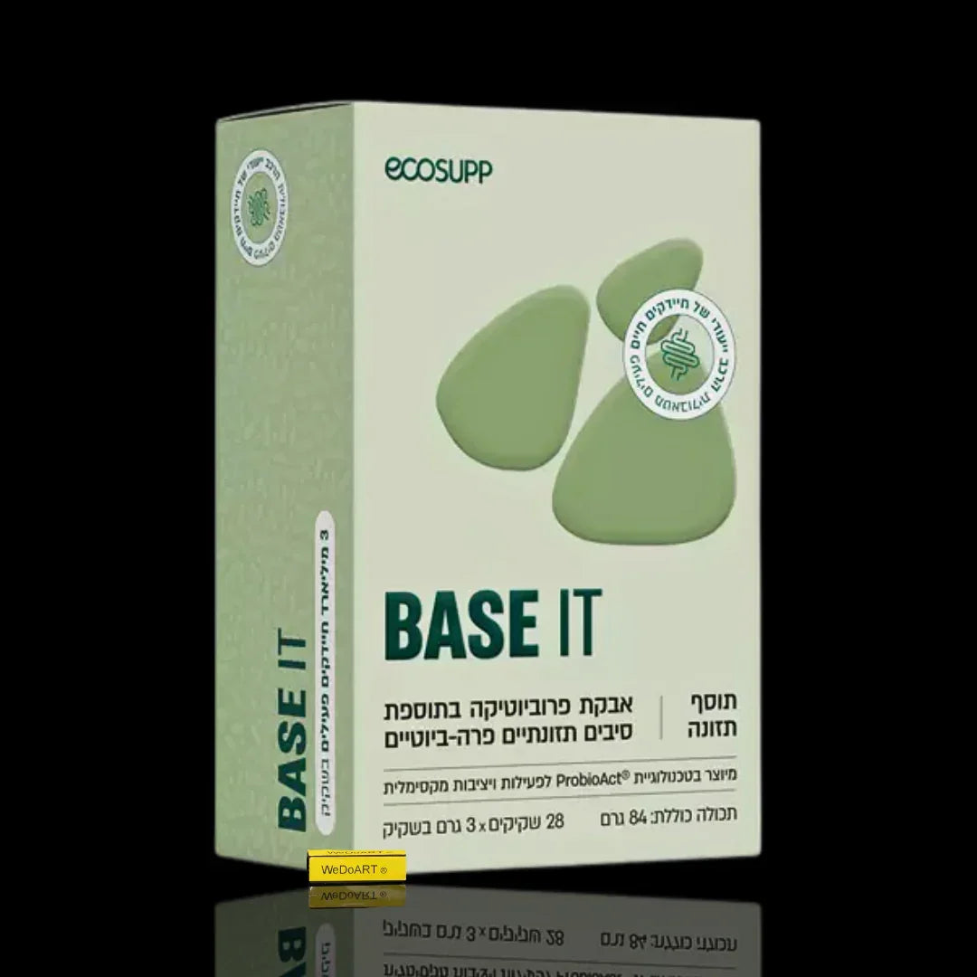Front of the green ecosupp BASE IT probiotic powder box, 28 sachets of 3 g