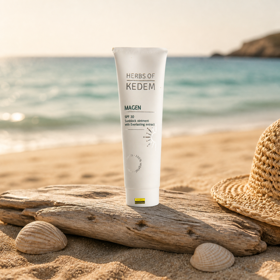 Herbs of Kedem Magen SPF 30 sunscreen tube, 100 ml, on driftwood at a sunlit beach with seashells