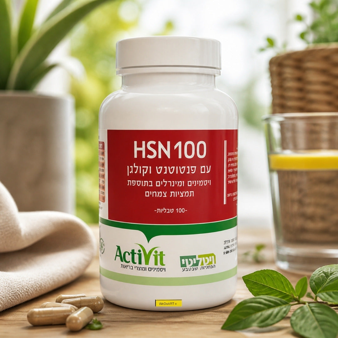 HSN100 capsules by Vitality ActiVit on a wooden table with a glass of lemon water and green herbs