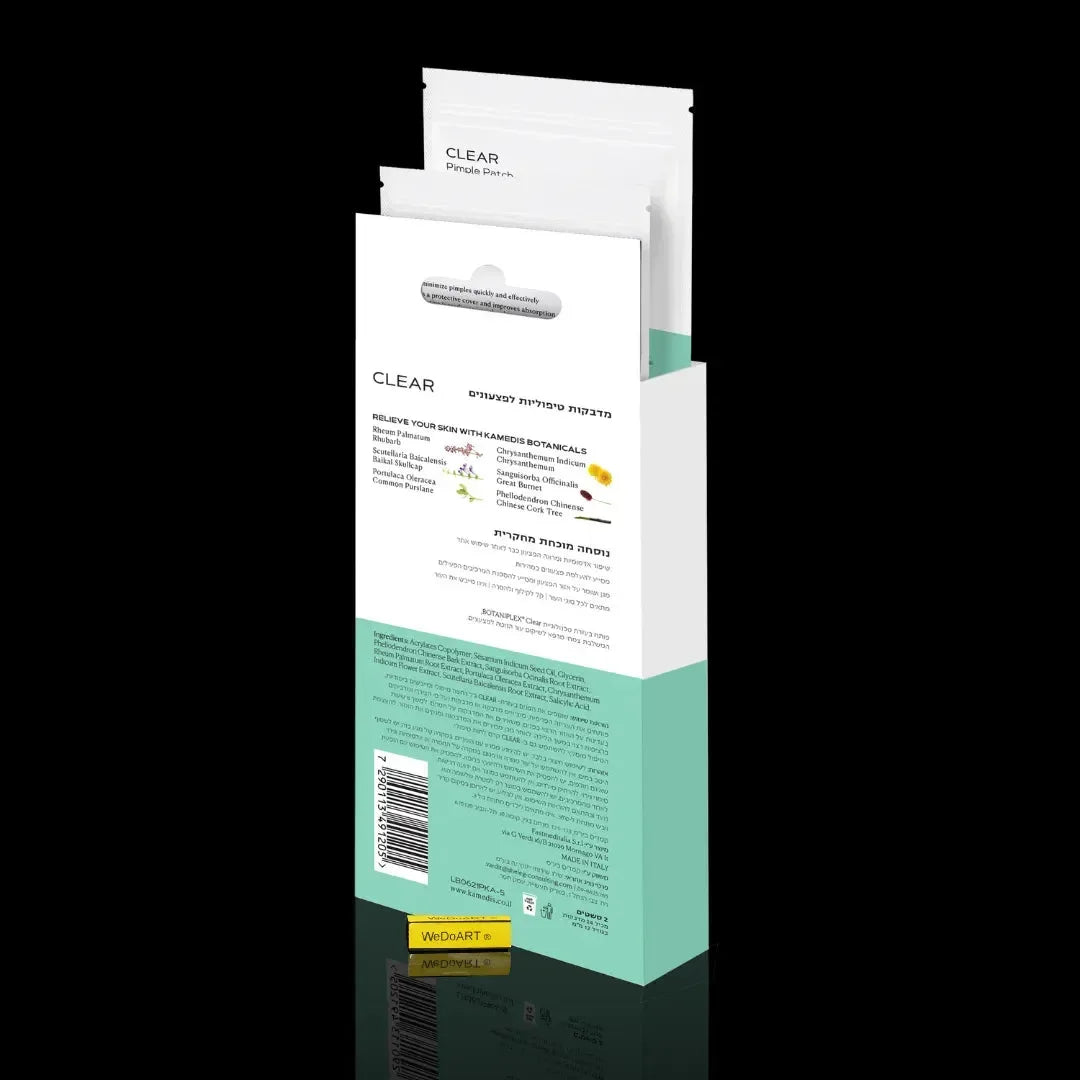 Back of the KAMEDIS CLEAR Pimple Patch box listing the botanical extracts