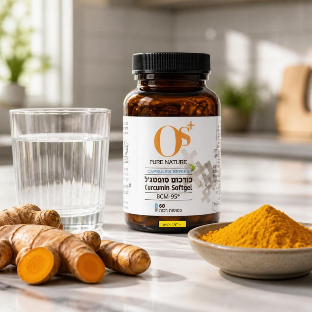 OS+ turmeric softgel bottle on a kitchen counter with fresh turmeric root, golden turmeric powder and a glass of water