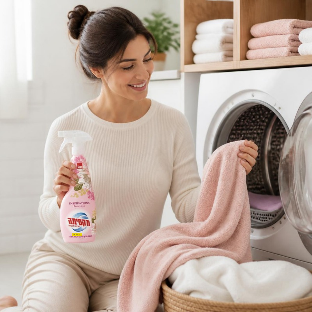 Woman using Sano Maxima Pure Love dryer softener in a laundry room with a dryer