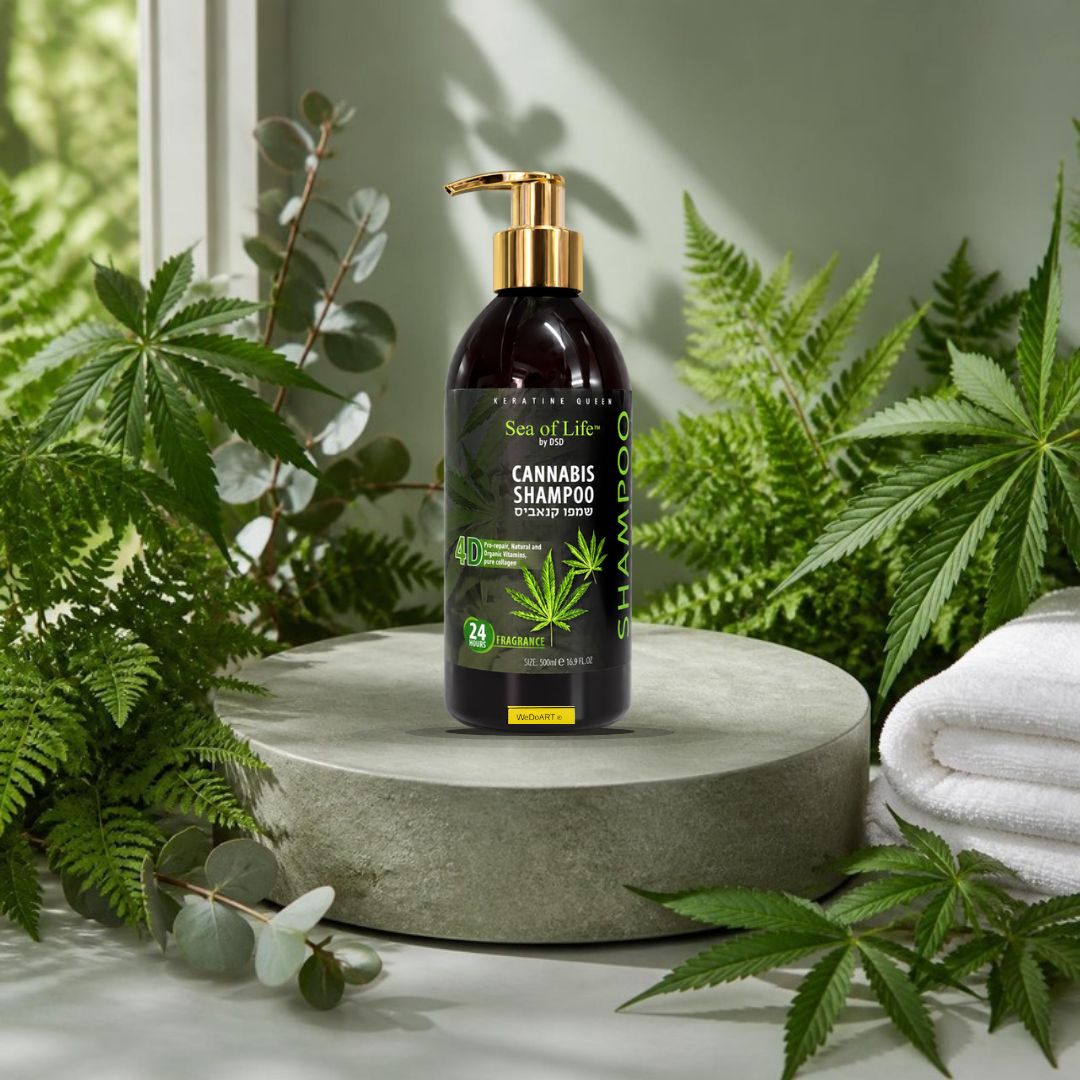 Sea of Life cannabis shampoo 500 ml pump bottle on a stone podium surrounded by fresh hemp leaves, ferns and a white towel