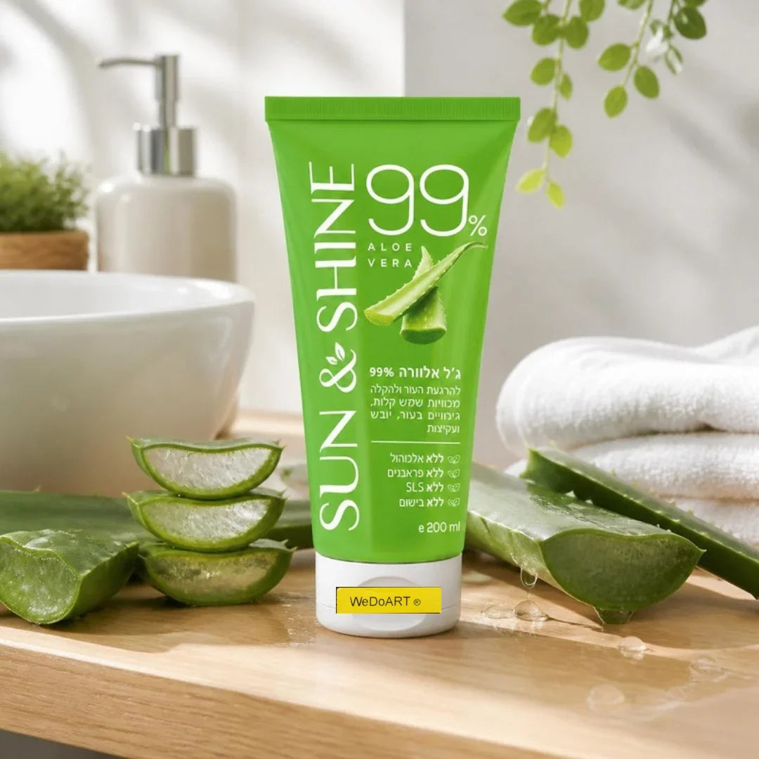 Sun & Shine Aloe Vera Gel 99% 200 ml tube on a wooden bathroom shelf with fresh aloe leaves