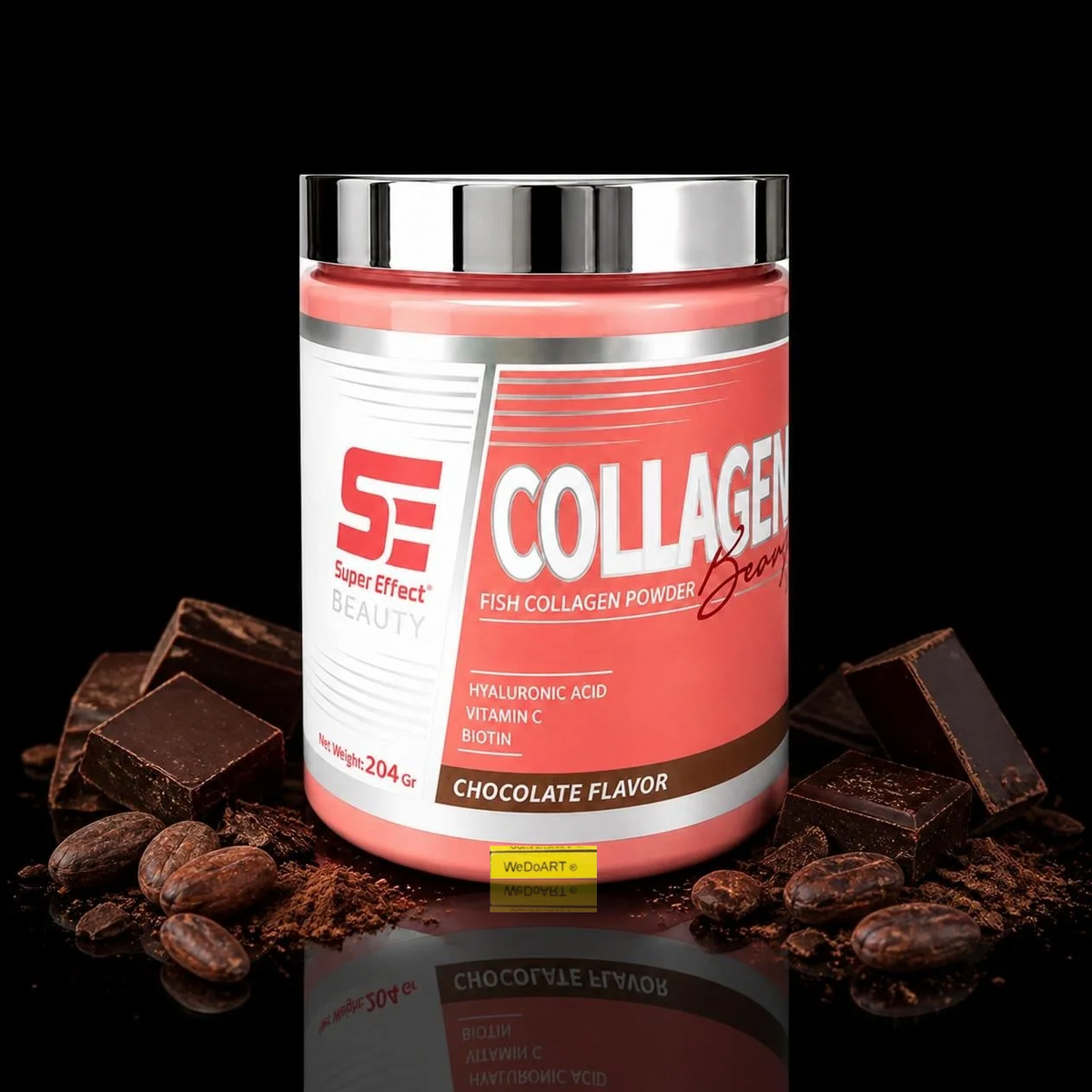 Super Effect Beauty Collagen Powder Chocolate 204 g tub surrounded by chocolate pieces and cocoa beans
