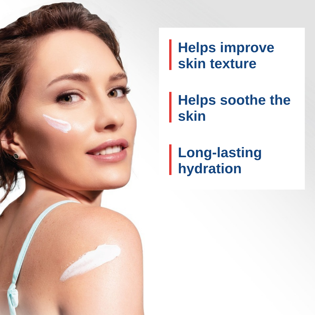 Woman applying U-Lactin moisturizing lotion with 5% niacinamide to her cheek and shoulder, with benefits listed in English