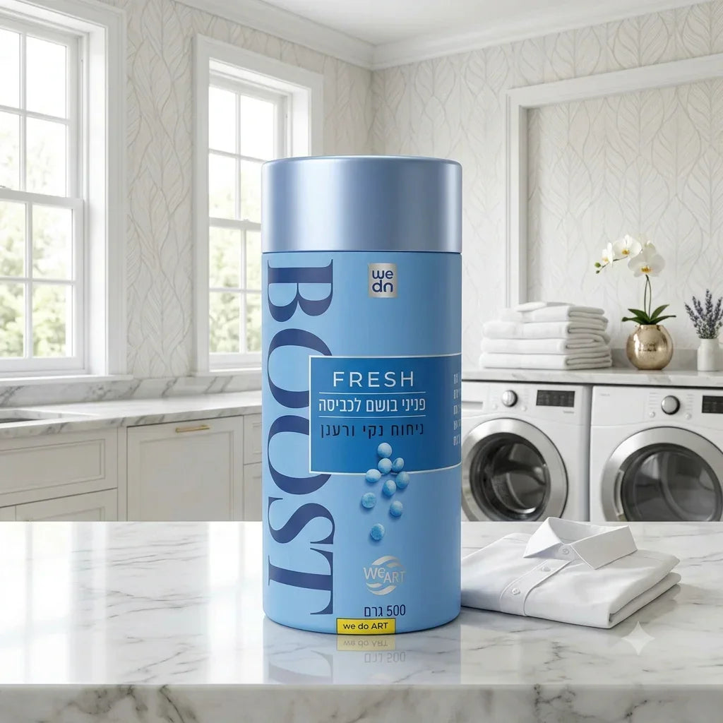 Blue BOOST Fresh laundry detergent on marble counter with folded shirts and washing machines