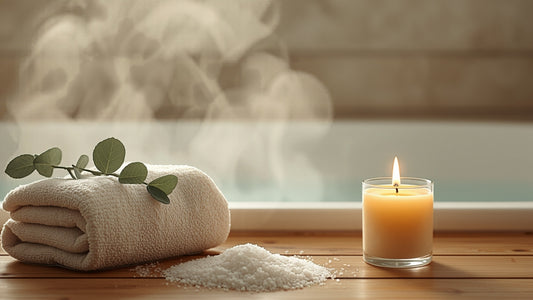 Bowl of Dead Sea salt crystals with a wooden scoop, towel, and candle beside a relaxing bath
