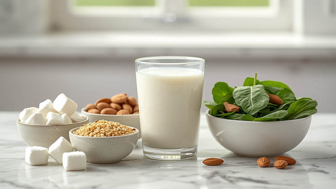 Calcium-rich foods including milk, almonds, and leafy greens on a kitchen counter