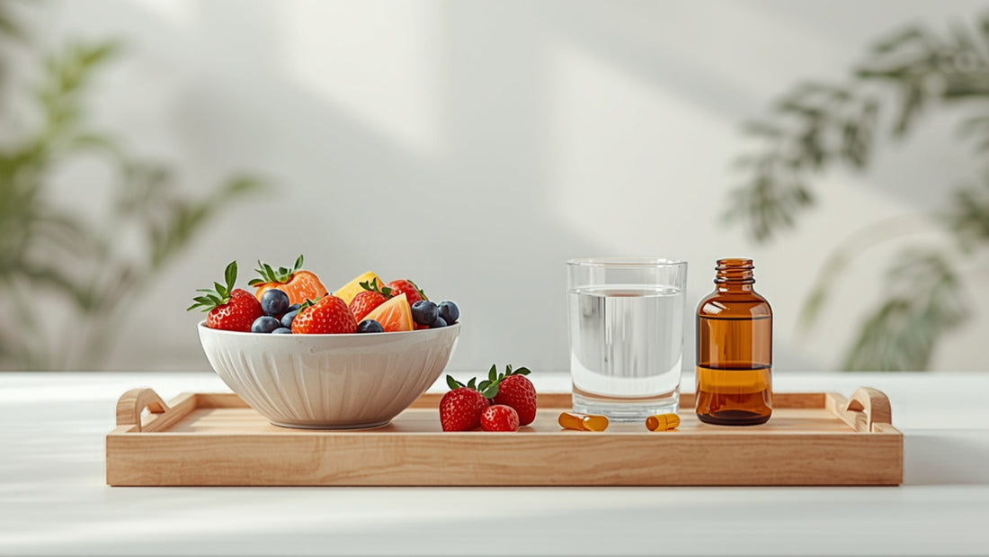 Fresh fruit, a glass of water, and amber supplement bottles on a wooden tray for a dietary supplements guide