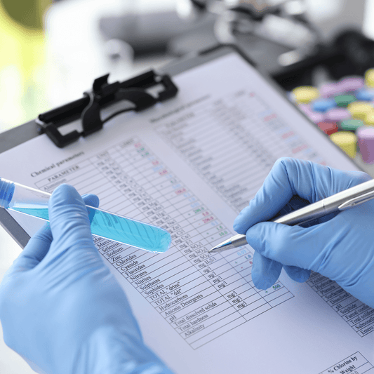 Gloved hands analyze skincare research data with test tube and chart at WEDOART-IL lab