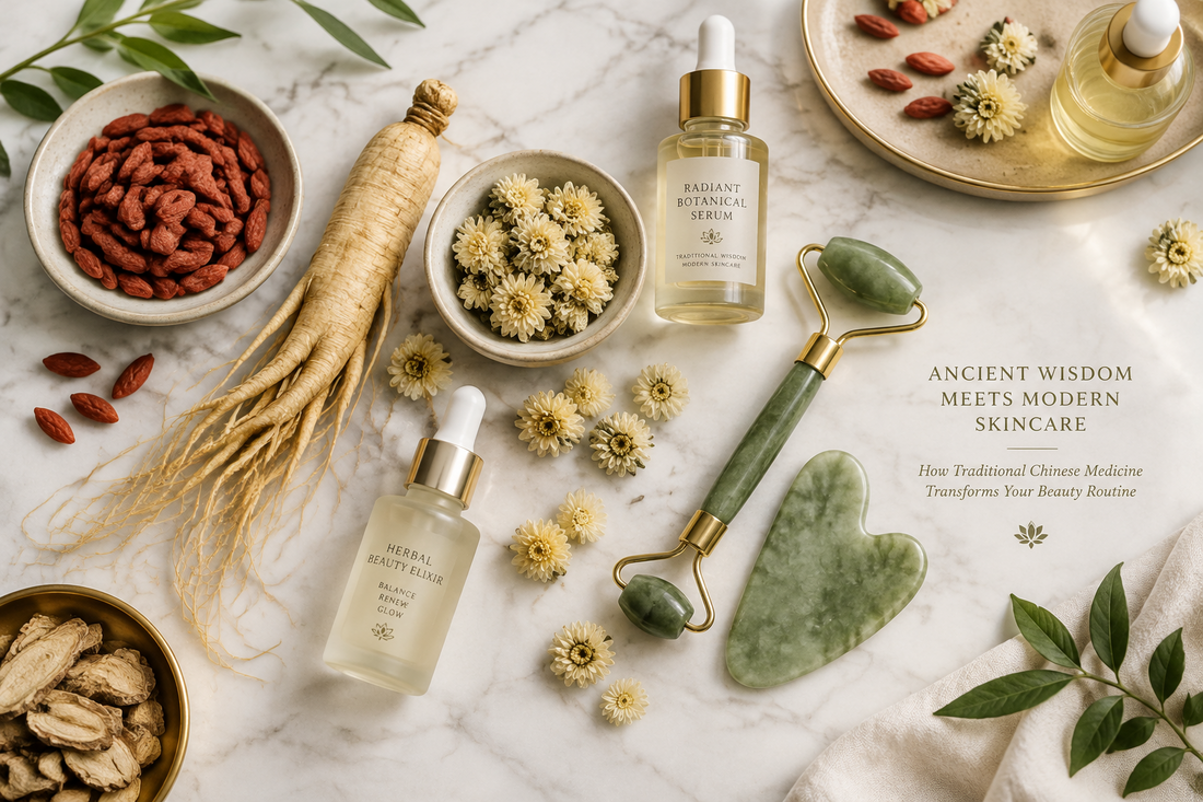 Goji berries, ginseng root, jade roller and gua sha stone beside skincare bottles