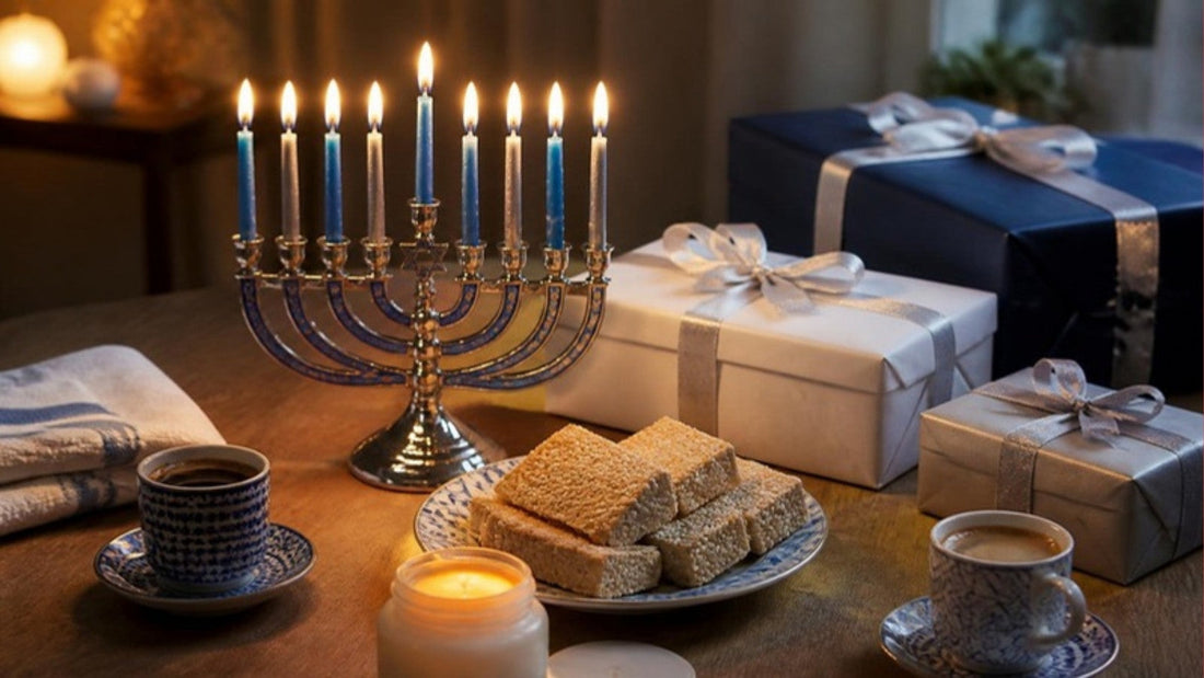Lit blue and silver menorah beside halva, espresso cups, and wrapped Hanukkah gifts on a wooden table