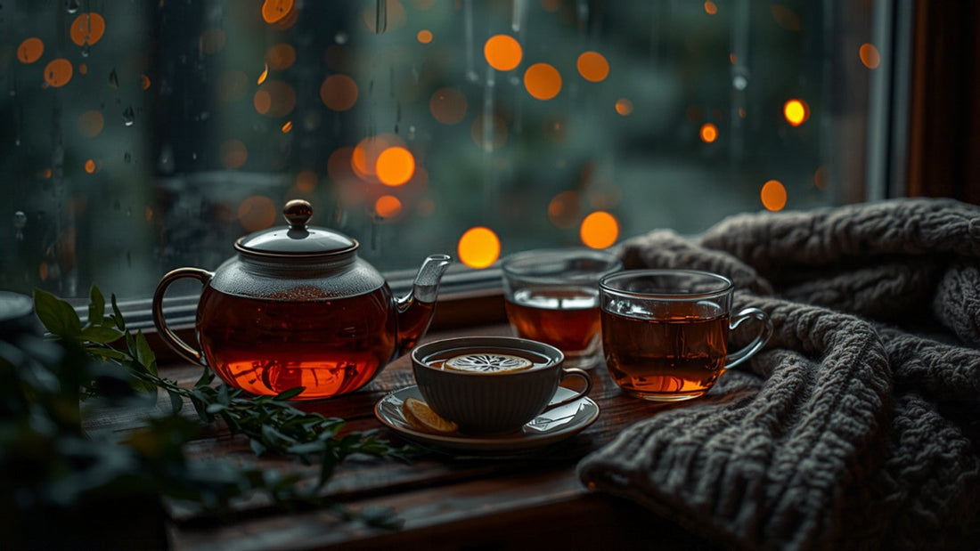 Glass teapot and cups of warm herbal tea by a rainy window with a knit blanket on a cold evening
