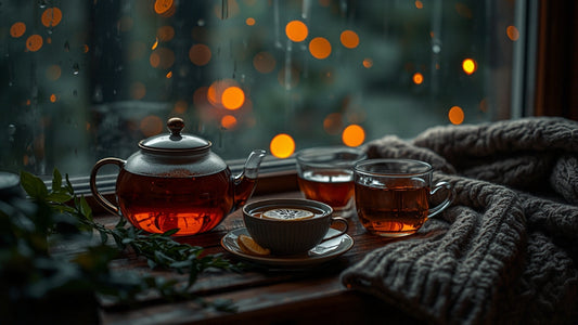 Glass teapot and cups of warm herbal tea by a rainy window with a knit blanket on a cold evening