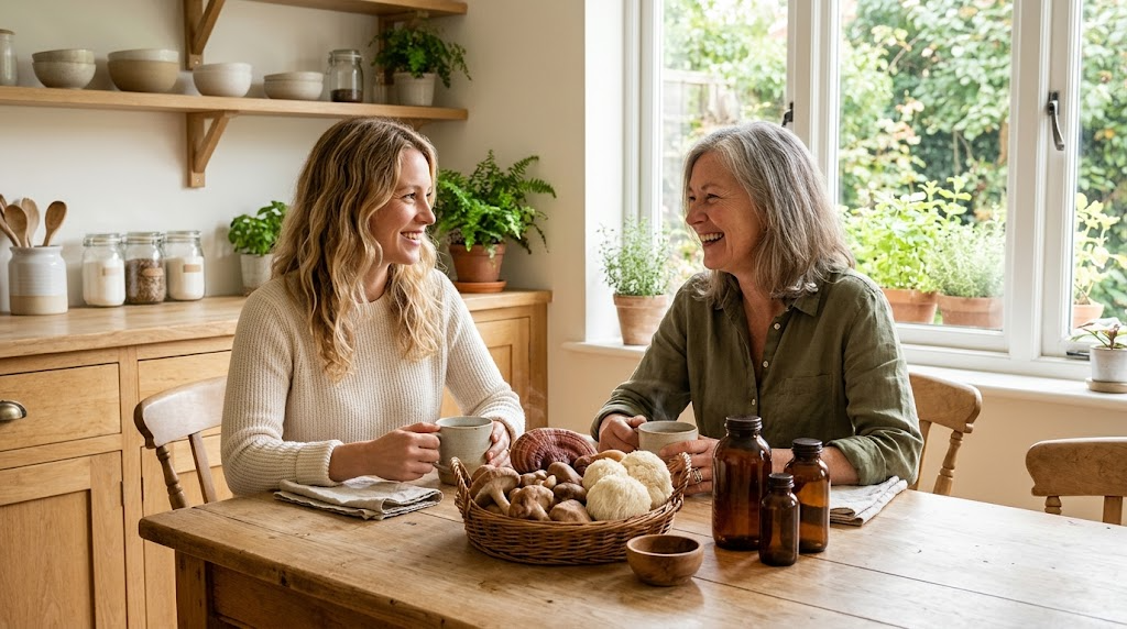 Two smiling women enjoying tea at a sunlit kitchen table with fresh mushrooms, one of the mushroom supplements for women routines