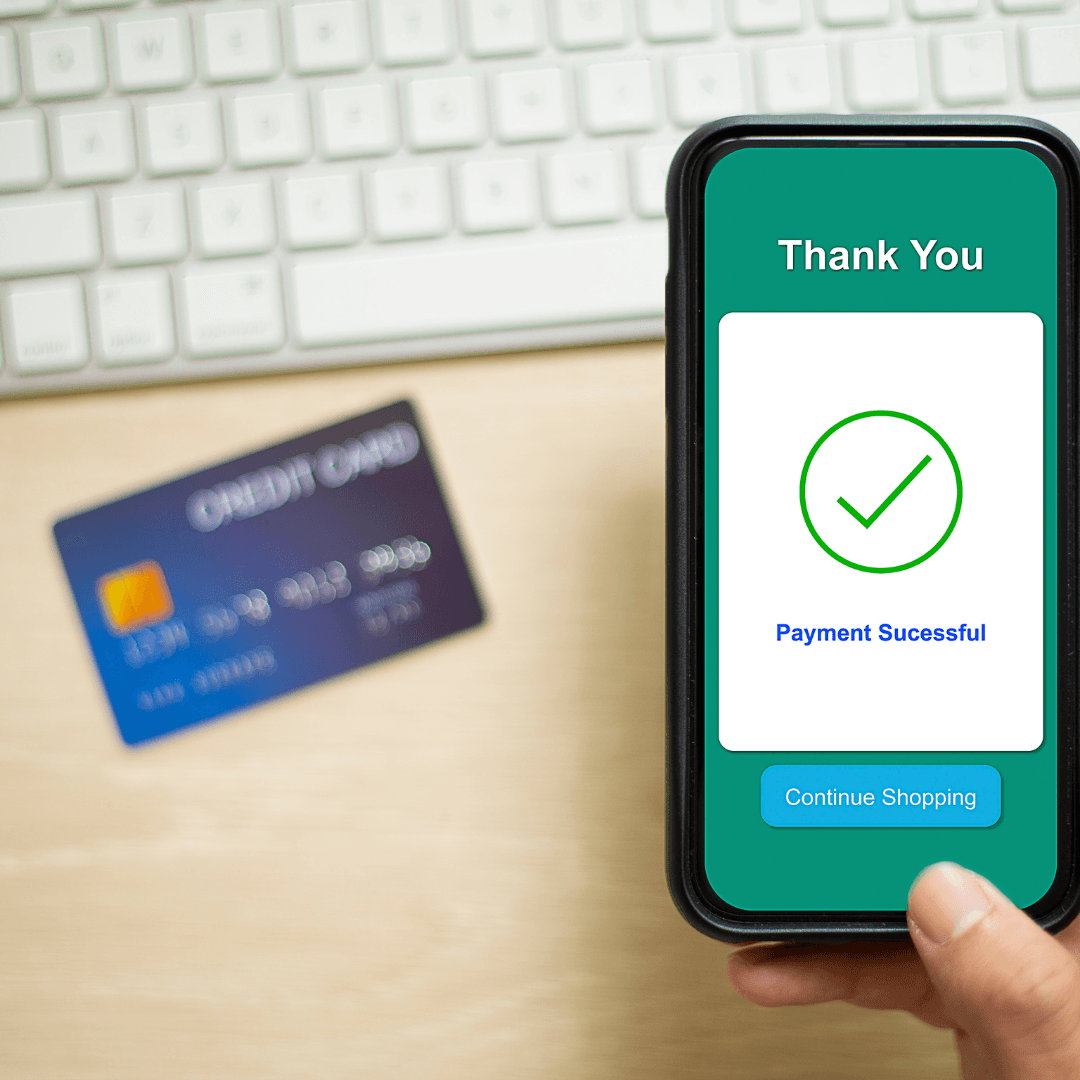 Mobile payment success screen for WEDOART-IL skincare shop, credit card in background