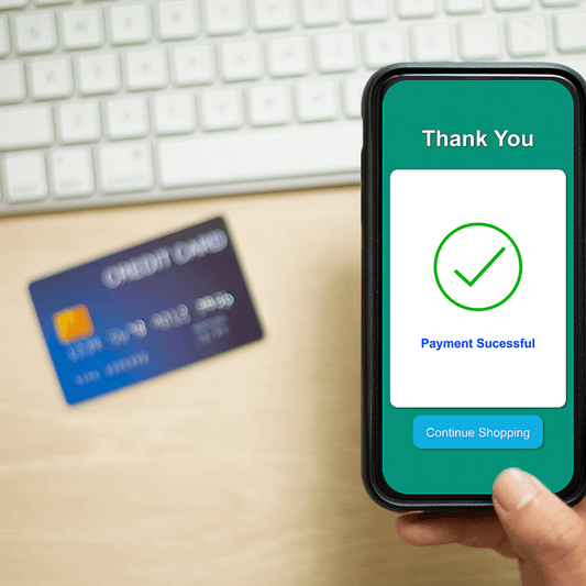 Mobile payment success screen for WEDOART-IL skincare shop, credit card in background