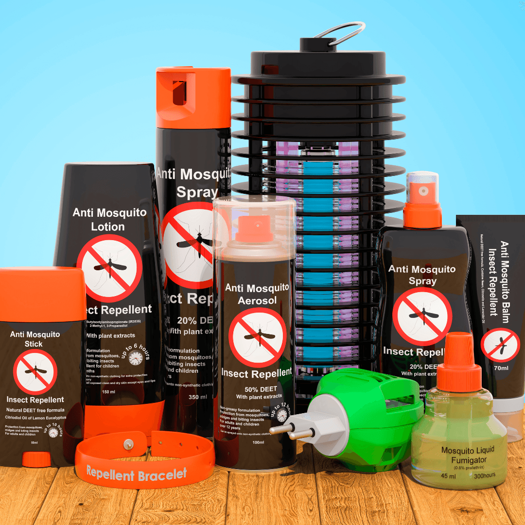 Various anti-mosquito products including sprays, lotions, bracelet, balm, and electric trap on wood surface