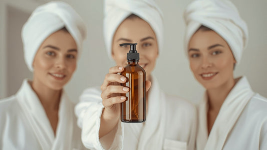 Three smiling women in white robes and towel turbans looking at an amber pump bottle of shampoo