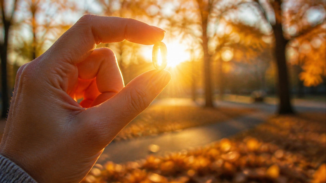 Sunlit windowsill with a glass of water, vitamin D dropper bottle, capsules, egg and salmon