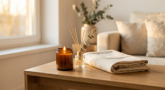 Lit amber candle beside a reed diffuser with eucalyptus and a folded linen throw on a wooden coffee table, in a cozy living room with warm window light