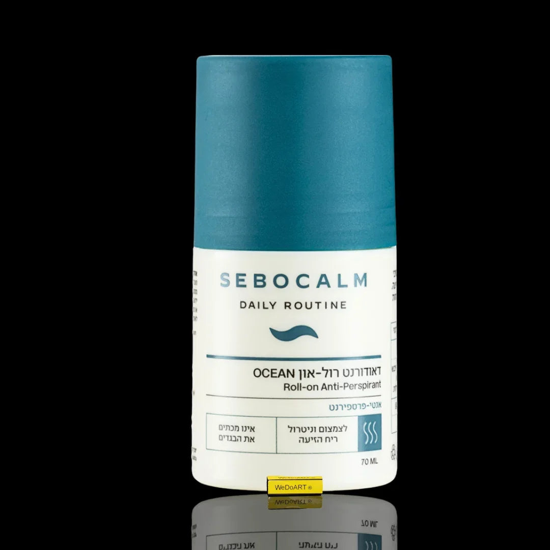 Sebocalm Daily Routine Ocean Roll-on Anti-Perspirant deodorant bottle on a black background