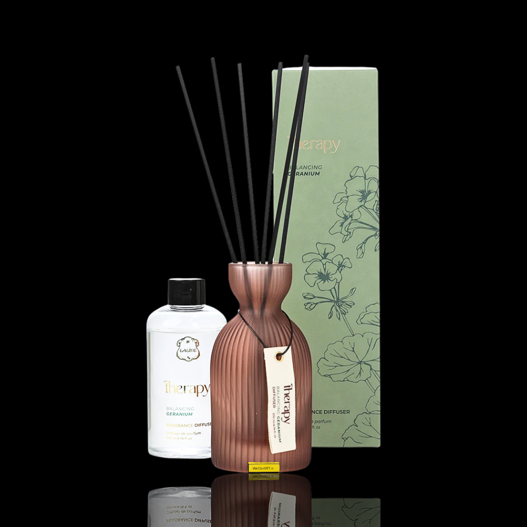 LALINE Geranium Fragrance Diffuser 200 ml Set: Glasgefäß in Roségold mit schwarzen Stäbchen, Nachfüllflasche und grüner Karton