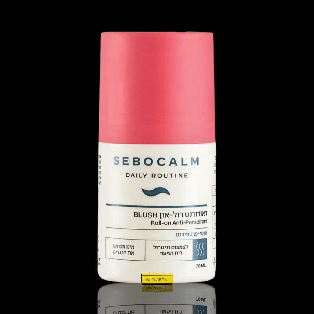 Sebocalm Blush Roll-on Anti-Perspirant deodorant bottle against a black background
