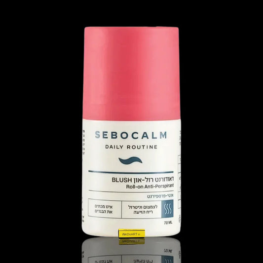 Sebocalm Blush Roll-on Anti-Perspirant deodorant bottle against a black background