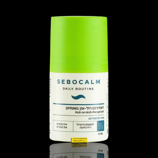 Sebocalm Daily Routine Roll-on Anti-Perspirant for skin care, 70ml bottle with green cap.