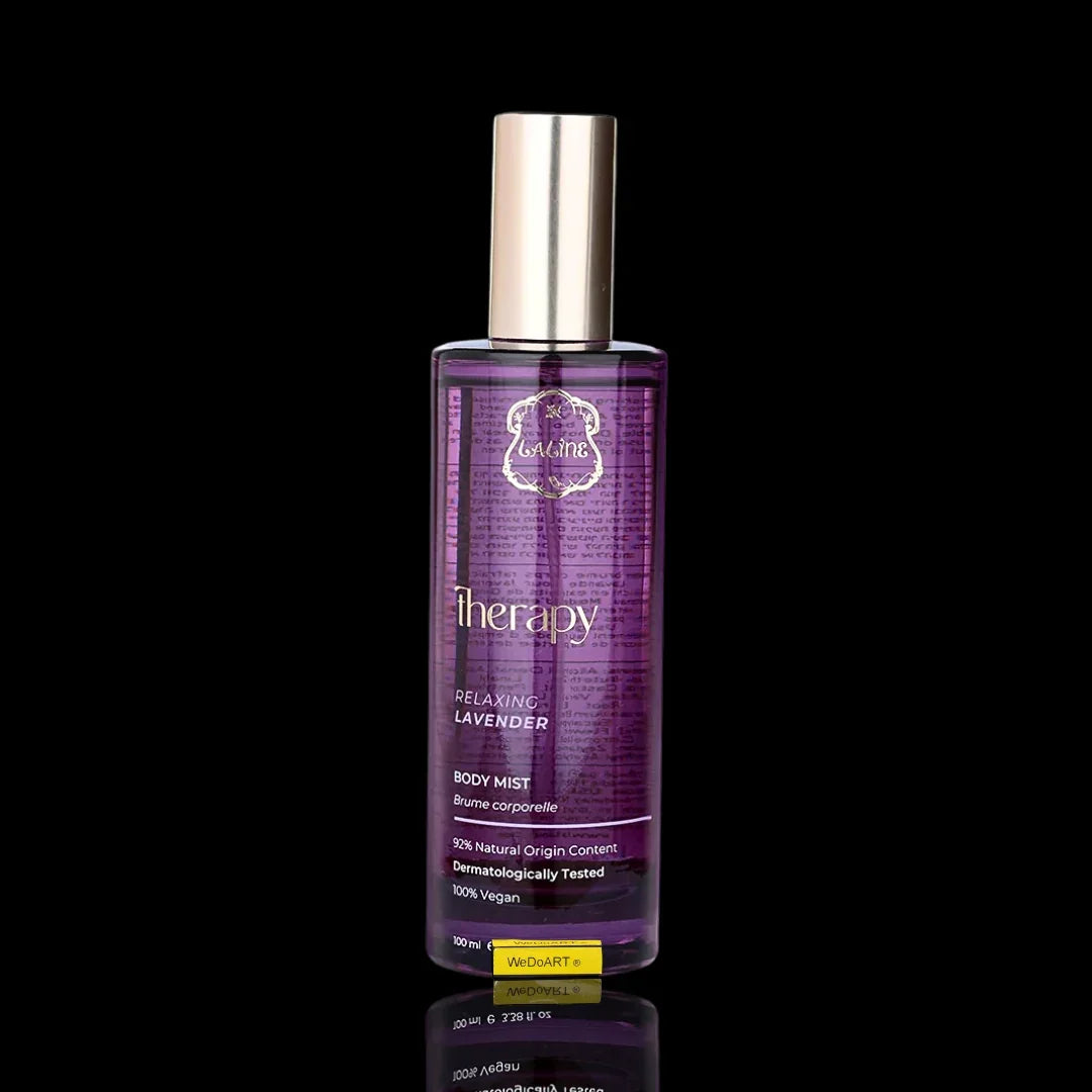 Bottle of Therapy Relaxing Lavender Body Mist with a purple liquid and silver cap on a black background