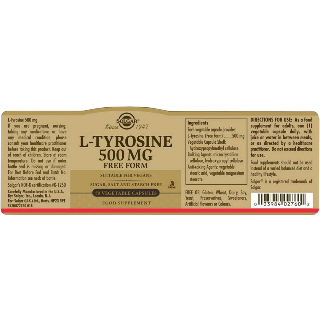 Solgar - L-Tyrosine 500 mg | Focus, Energy & Stress Support  50 herbal capsules