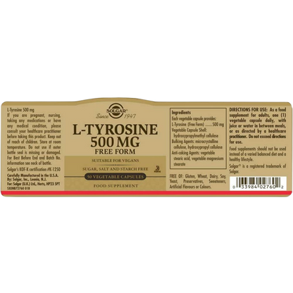 Solgar - L-Tyrosine 500 mg | Focus, Energy & Stress Support  50 herbal capsules