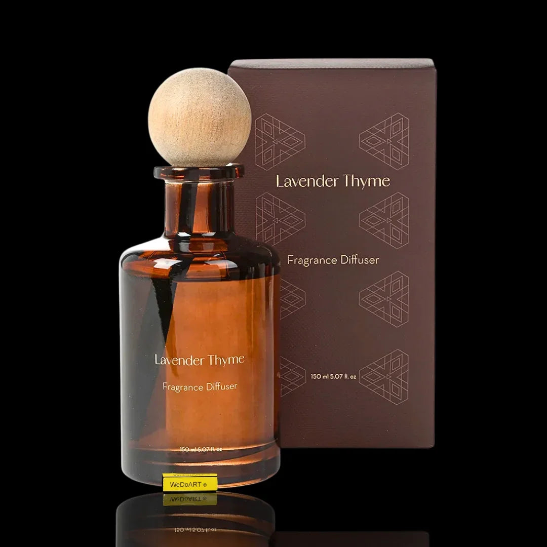 Lavender Thyme fragrance diffuser in a brown glass bottle with a wooden cap and matching box.