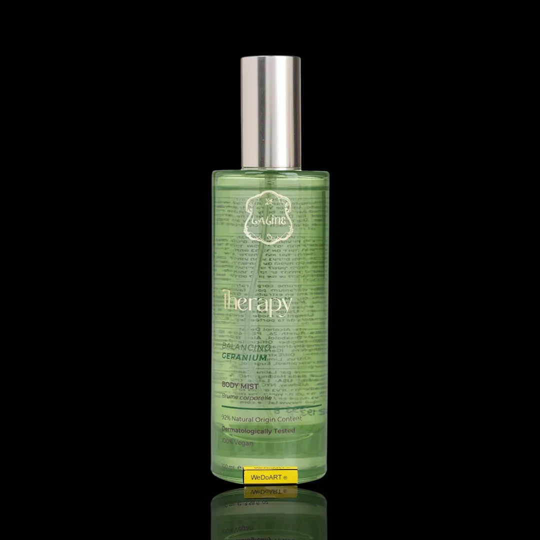 Green Geranium Balancing Therapy body mist spray bottle against a black background.
