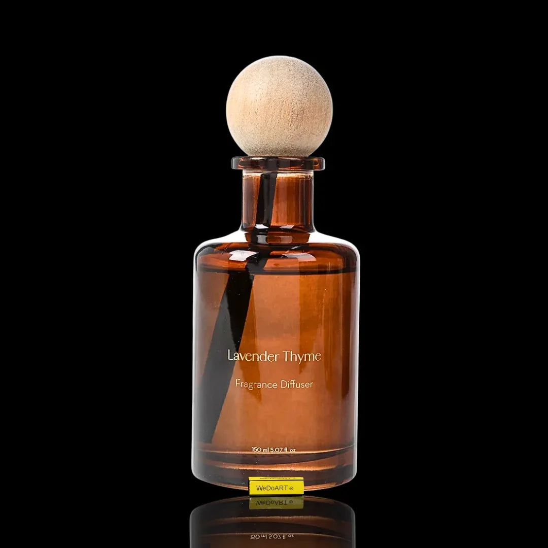 Amber glass Lavender Thyme fragrance diffuser bottle with a wooden ball stopper.