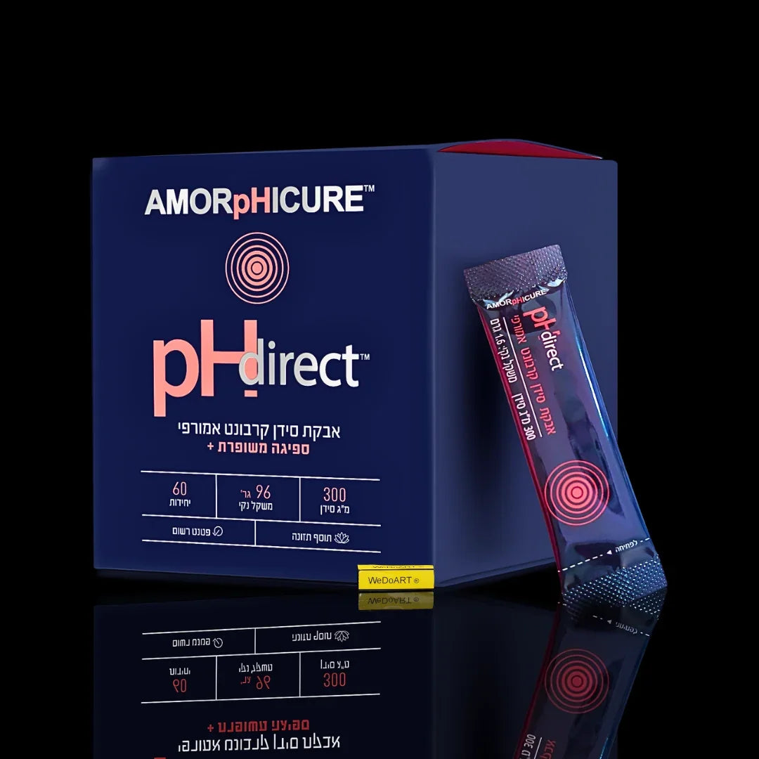 AMORPHICURE pHdirect calcium carbonate supplement box and sachet against a dark background.