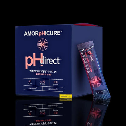 AMORPHICURE pHdirect calcium carbonate supplement box and sachet against a dark background.