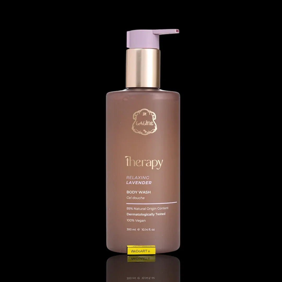 Relaxing Lavender Body Wash in a brown pump bottle for nourishing skin care.