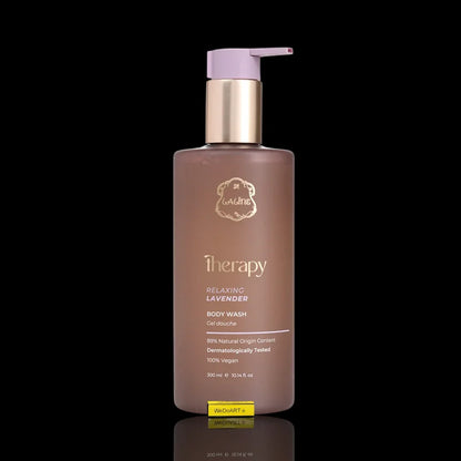 Relaxing Lavender Body Wash in a brown pump bottle for nourishing skin care.