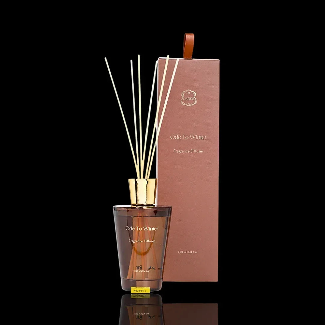 Ode To Winter fragrance diffuser with reeds and matching brown packaging box