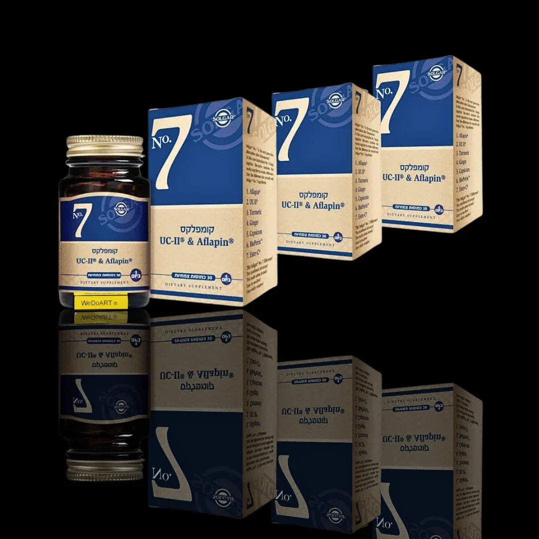 Three boxes and one bottle of UC-II and Aflapin dietary supplement on a reflective black surface.