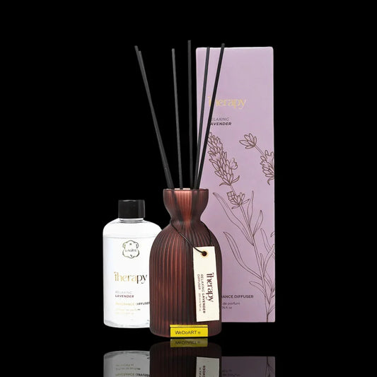 WeDoART Therapy Relaxing Lavender reed diffuser set with bottle and packaging on black background