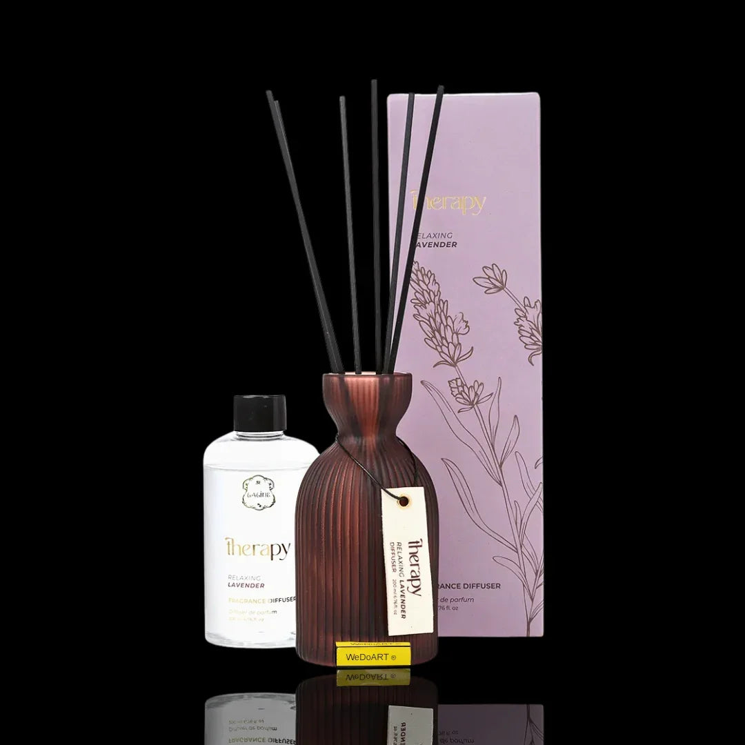 Therapy Relaxing Lavender fragrance diffuser set with reed sticks, bottle, and packaging.